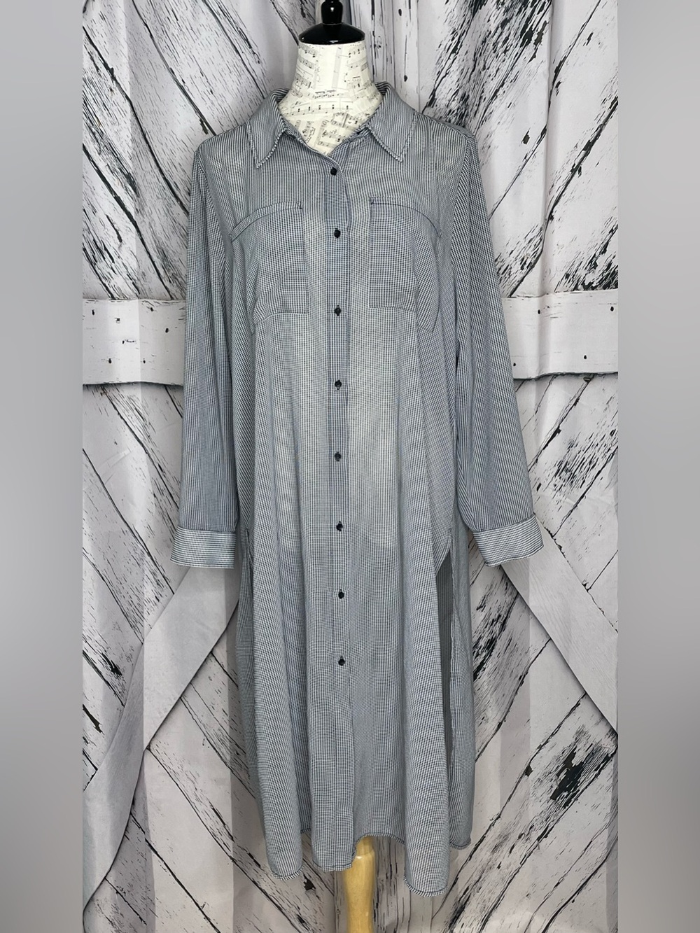 Golbary black and white micro-check maxi shirt side slits Size 42 L/XL